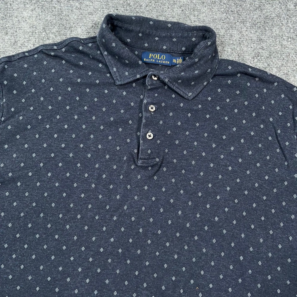 Polo Ralph Lauren Geometric AOP Diamond‎ Polo Shirt Mens XXL Short Sleeve Navy